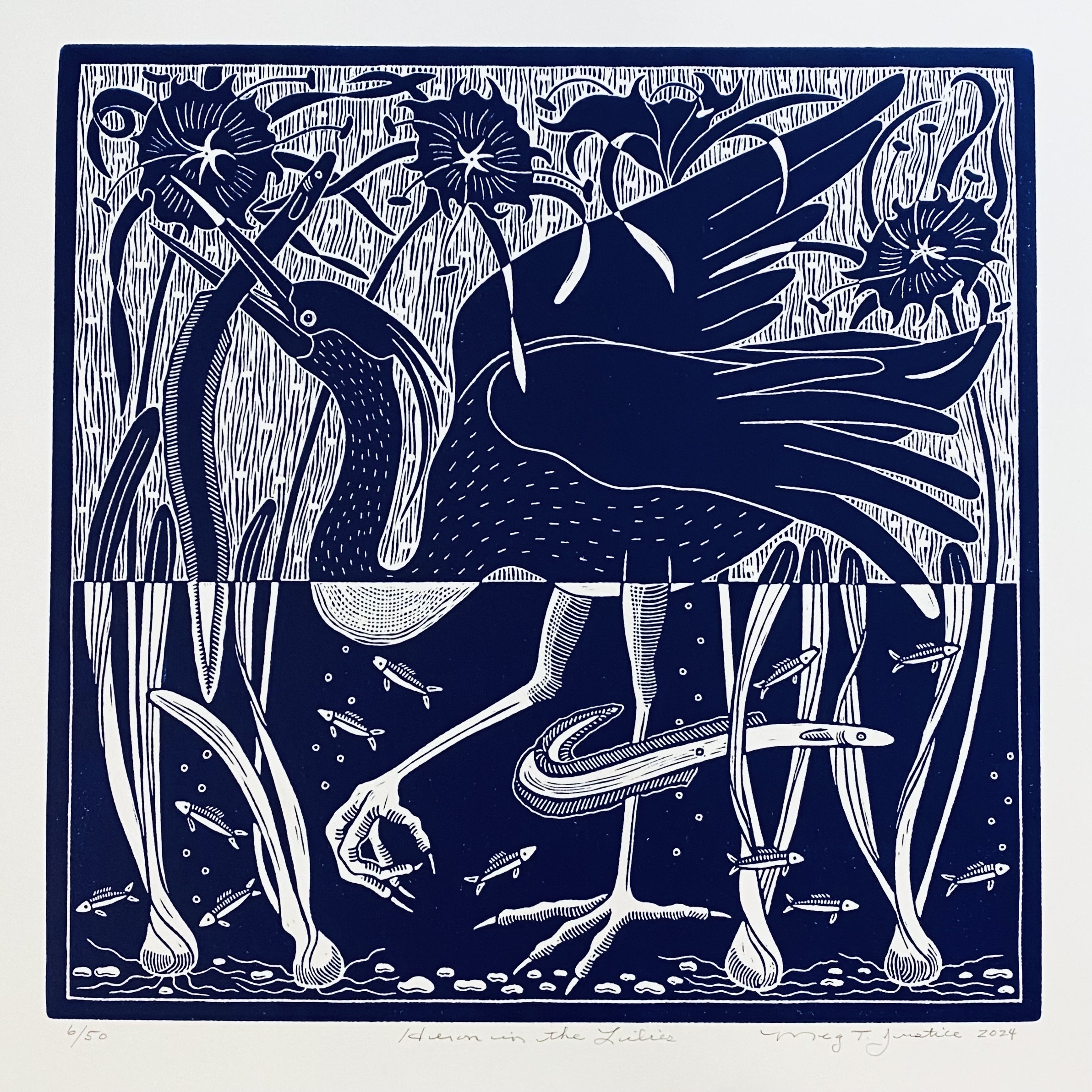 Heron in the Lilies Linocut in Blue, original water Bird art with eel and fish,handprinted linocut art, nature linocut