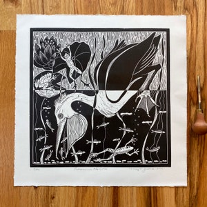 Pelikan in der Buche in schwarz, Linoldruck, Vogel Kunst, Druck in schwarz, Vogel Kunst, Druckerei