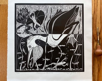 Pelican in the Cove in black, pelican linocut print,bird art,wildlife linocut,cabin art, home decor, gift for bird lover,bird,pelican art