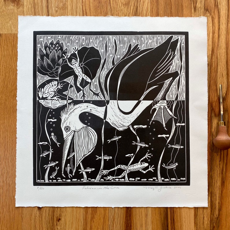 Pelican in the Cove in black, pelican linocut print,bird art,wildlife linocut,cabin art, home decor, gift for bird lover,bird,pelican art image 1