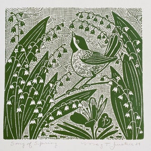 Song of spring linocut green, lily of the valley linoprint,birds singing art, bird blockprint,spring flowers wall art,garden linocut print,