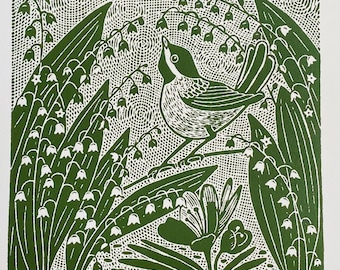 Song of spring linocut green, lily of the valley linoprint,birds singing art, bird blockprint,spring flowers wall art,garden linocut print,