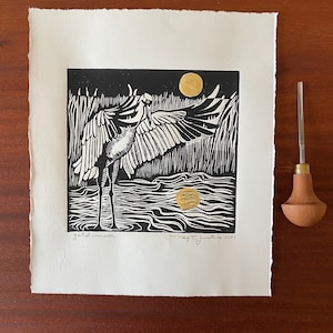 Gold Moon linocut print, bird Blockprint,wall art, landscape fine art print,lino print art, bird Lino print, gift for bird lover