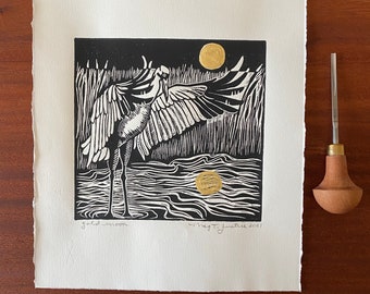 Gold Moon linocut print, bird Blockprint,wall art, landscape fine art print,lino print art, bird Lino print, gift for bird lover