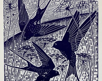 The Acrobats linocut print in blue,barn swallow linocut print,swift linoprint, original art, nature linocut, bird in flight blockprint