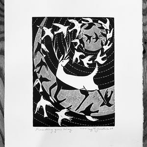 Finding your way linocut in black, bird linocut,handprinted, inspirational art, handmade paper blockprint,stag linocut,gift for her,wall art