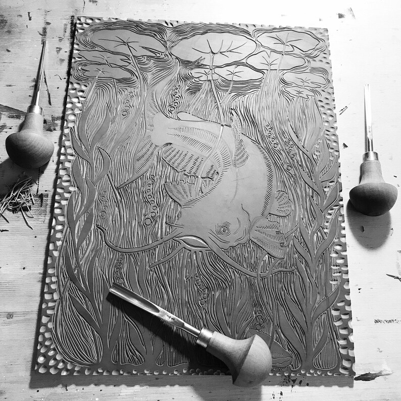 Linocut Print River Keeperunderwater River Life Lino Print Etsy UK