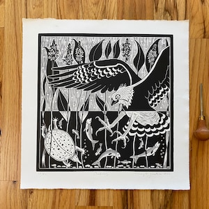 Osprey linocut print in black, water bird art, bird art , linocut art,bird lover gift,Lino print bird of prey,wall art, original bird art
