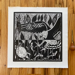 Osprey linocut print in black, water bird art, bird art , linocut art,bird lover gift,Lino print bird of prey,wall art, original bird art