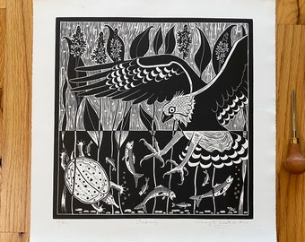 Osprey linocut print in black, water bird art, bird art , linocut art,bird lover gift,Lino print bird of prey,wall art, original bird art