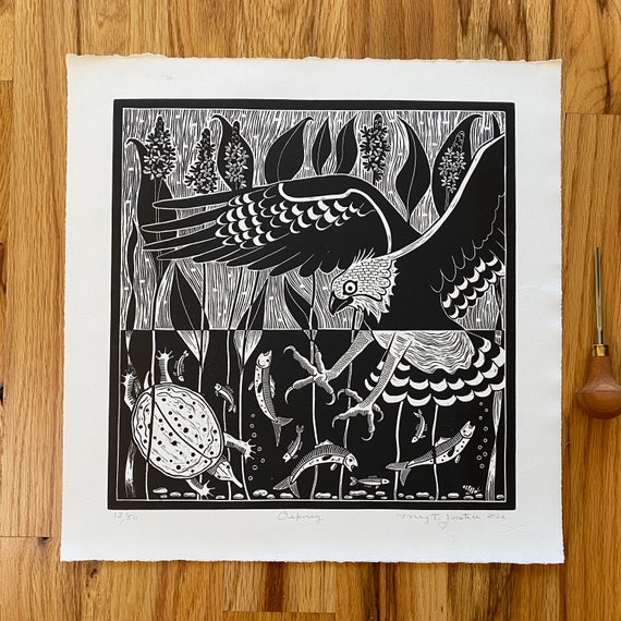Osprey Linocut Print in Black, Water Bird Art, Bird Art , Linocut