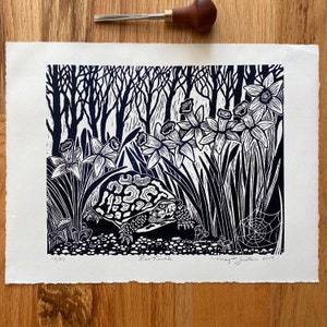 Box Turtle linocut print in black, forest linocut art, daffodils,mushrooms , handprinted turtle linocut,nature blockprint,wall art,cabin art
