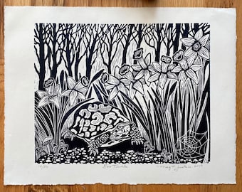 Box Turtle linocut print in black, forest linocut art, daffodils,mushrooms , handprinted turtle linocut,nature blockprint,wall art,cabin art