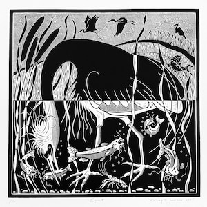 Egret in black,egret linocut print,water bird linoprint,handcarved bird blockprint, bird lovers gift,catfish and egret linocut art,wetlands