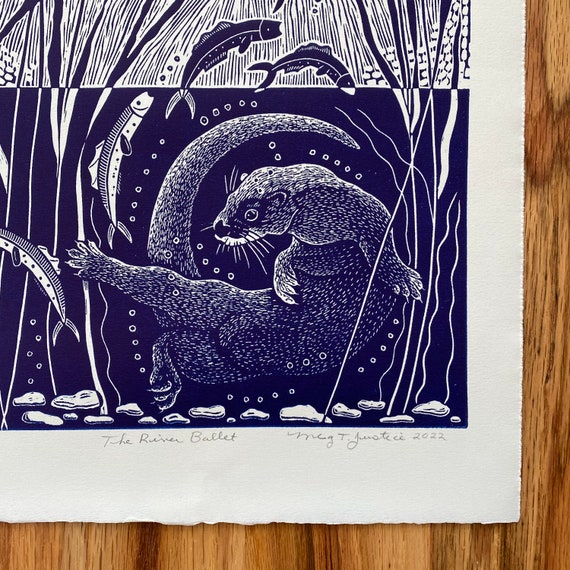 The River Ballet Linocut in Blue,otter Linocut,kingfisher Linocut