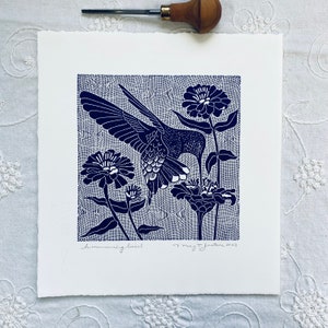 Hummingbird in the zinnias linocut in blue,hummingbird linoprint,bird in zinnias,linocut,bird art, art gift for bird lover,bird wall art