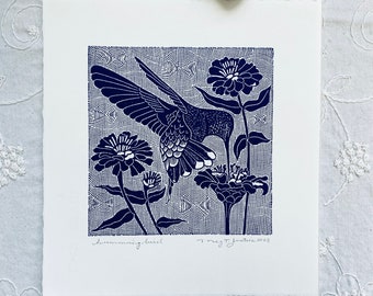 Hummingbird in the zinnias linocut in blue,hummingbird linoprint,bird in zinnias,linocut,bird art, art gift for bird lover,bird wall art