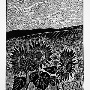 Sunflower Field linocut print in black,sunflower art,landscape blockprint,gardener gift,flower linocut art,gift for flower lover