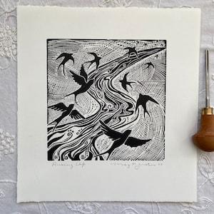 Rising Up,linocut print in black,murmuration, bird linocut,river art,handprinted blockprint,reliefprint,wall art ,Gift for her,bird art