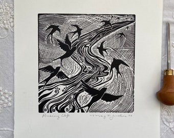Rising Up,linocut print in black,murmuration, bird linocut,river art,handprinted blockprint,reliefprint,wall art ,Gift for her,bird art