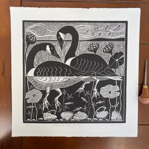 Geese of North Sauty linocut print in black, Canadian goose linocut,bird linocut,wild geese art,bird blockprint,bird lovers gift,bird art