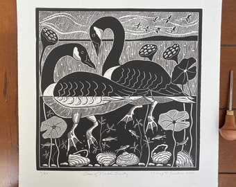 Geese of North Sauty linocut print in black, Canadian goose linocut,bird linocut,wild geese art,bird blockprint,bird lovers gift,bird art