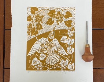 Muscadine picker in yellow ochre, bird linocut, northern flicker, bird lovers gift, bird blockprint,bird art print,yellow bird art