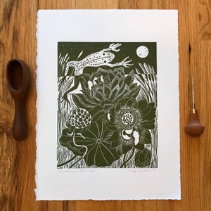 Reaching for the moon linocut print green,leaping frog over lilypads,lake life blockprint,lily pad botanical print,Wall art,wildlife linocut