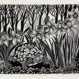 May include: Black and white linocut print of a box turtle in a natural setting. The artwork features a turtle surrounded by daffodils, tall grass, trees, and mushrooms. The print is signed and numbered 15/50, with the title "Box Turtle".