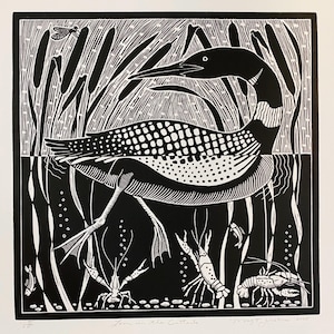 Loon in the Cattails linocut in black, water bird linocut,bird linocut,wild waterbird art,bird blockprint,bird lovers gift,wild bird art