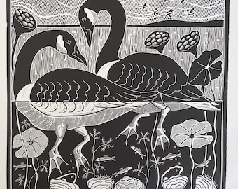 Geese of north Sauty linocut in black,Canadian Geese original art, handprinted water bird Art with mussels and lily pads,nature linocut