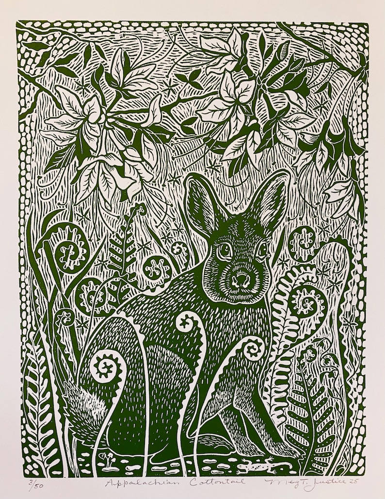Appalachian Cottontail Linocut Handprinted Original in Green ...