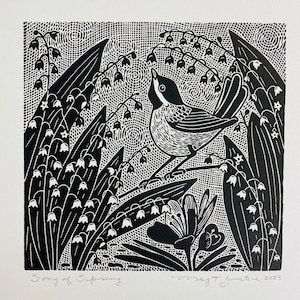 Song of spring linocut blk,lily of the valley linoprint,birds singing in the garden blockprint,spring flowers wall art,garden linocut print immagine 1