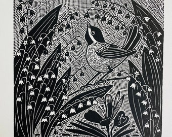 Song of spring linocut blk,lily of the valley linoprint,birds singing in the garden blockprint,spring flowers wall art,garden linocut print