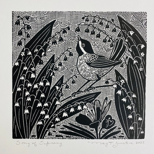 Song of spring linocut blk,lily of the valley linoprint,birds singing in the garden blockprint,spring flowers wall art,garden linocut print