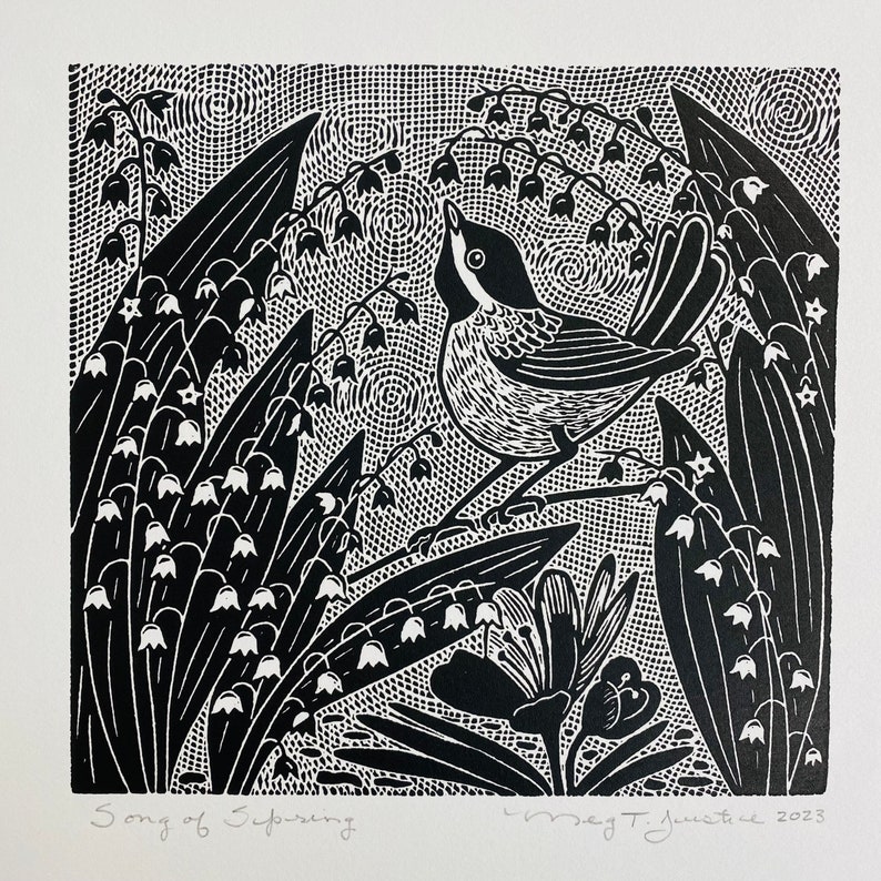 Song of spring linocut blk,lily of the valley linoprint,birds singing in the garden blockprint,spring flowers wall art,garden linocut print immagine 1