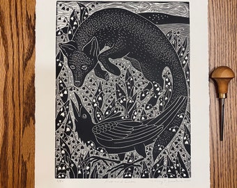 Fox and Crow linocut print in black, lily of the valley linocut, fox art, crow art, wall art, home decor, fine art linocut,gift for her