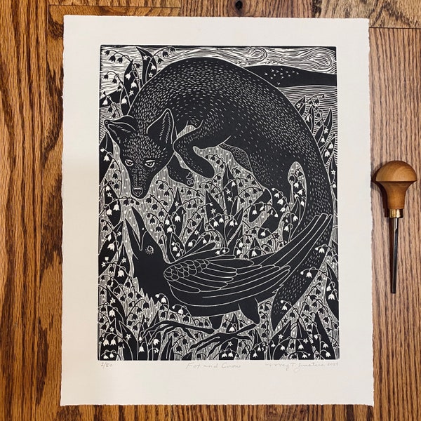 Fox and Crow linocut print in black, lily of the valley linocut, fox art, crow art, wall art, home decor, fine art linocut,gift for her