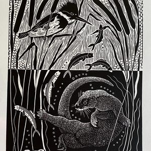 The River Ballet linocut in black,otter linocut,kingfisher linocut,riverlife blockprint art,bird art,river otter blockprint,nature linocut