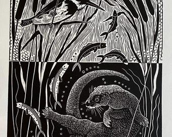 The River Ballet linocut in black,otter linocut,kingfisher linocut,riverlife blockprint art,bird art,river otter blockprint,nature linocut