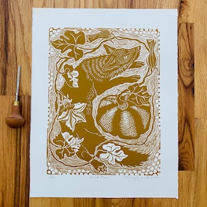 DarkFox linocut print in yellow ochre,Fox in pumpkin patch,wildlife linocut print,gift for Fox lover,pumpkin linocut,wall art,gardener gift,