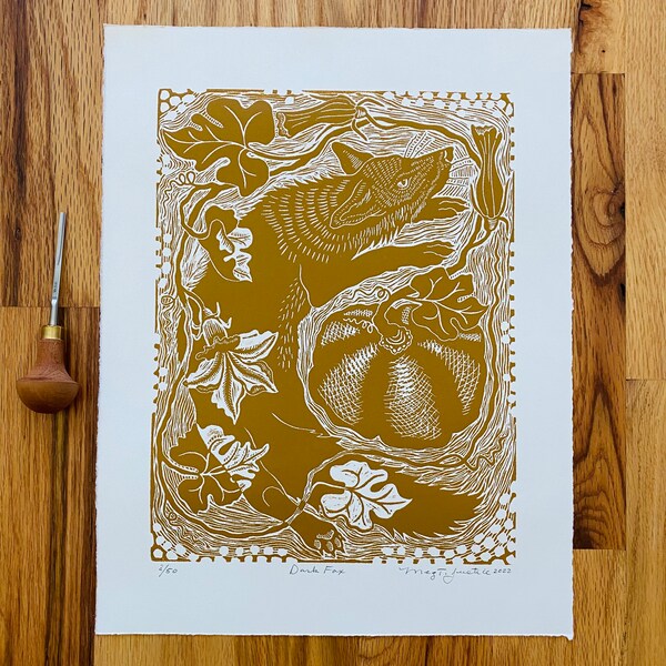 DarkFox linocut print in yellow ochre,Fox in pumpkin patch,wildlife linocut print,gift for Fox lover,pumpkin linocut,wall art,gardener gift,