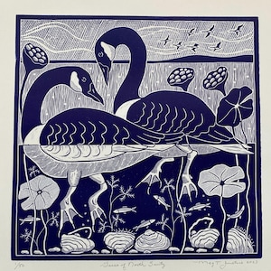 Geese of North Sauty linocut in blue,Canadian goose linoprint,bird linocut,wild geese art,bird blockprint,nature linocut