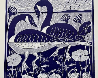 Geese of North Sauty linocut in blue,Canadian goose linoprint,bird linocut,wild geese originalart,bird blockprint,nature linocut