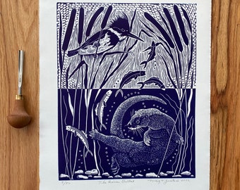 The River Ballet linocut in blue,otter linocut,kingfisher linocut,riverlife blockprint art,bird art,wall art,cabin art, nature lover gift