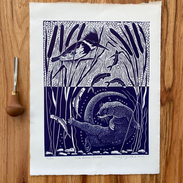 The River Ballet linocut in blue,otter linocut,kingfisher linocut,riverlife blockprint art,bird art,wall art,cabin art, nature lover gift