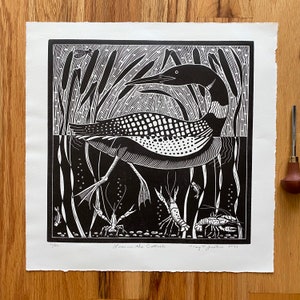 Loon in the cattails in black ,  loon linocut print,limited edition,bird art,wildlife linocut,linoprint floral,home decor,cabin art,loon art