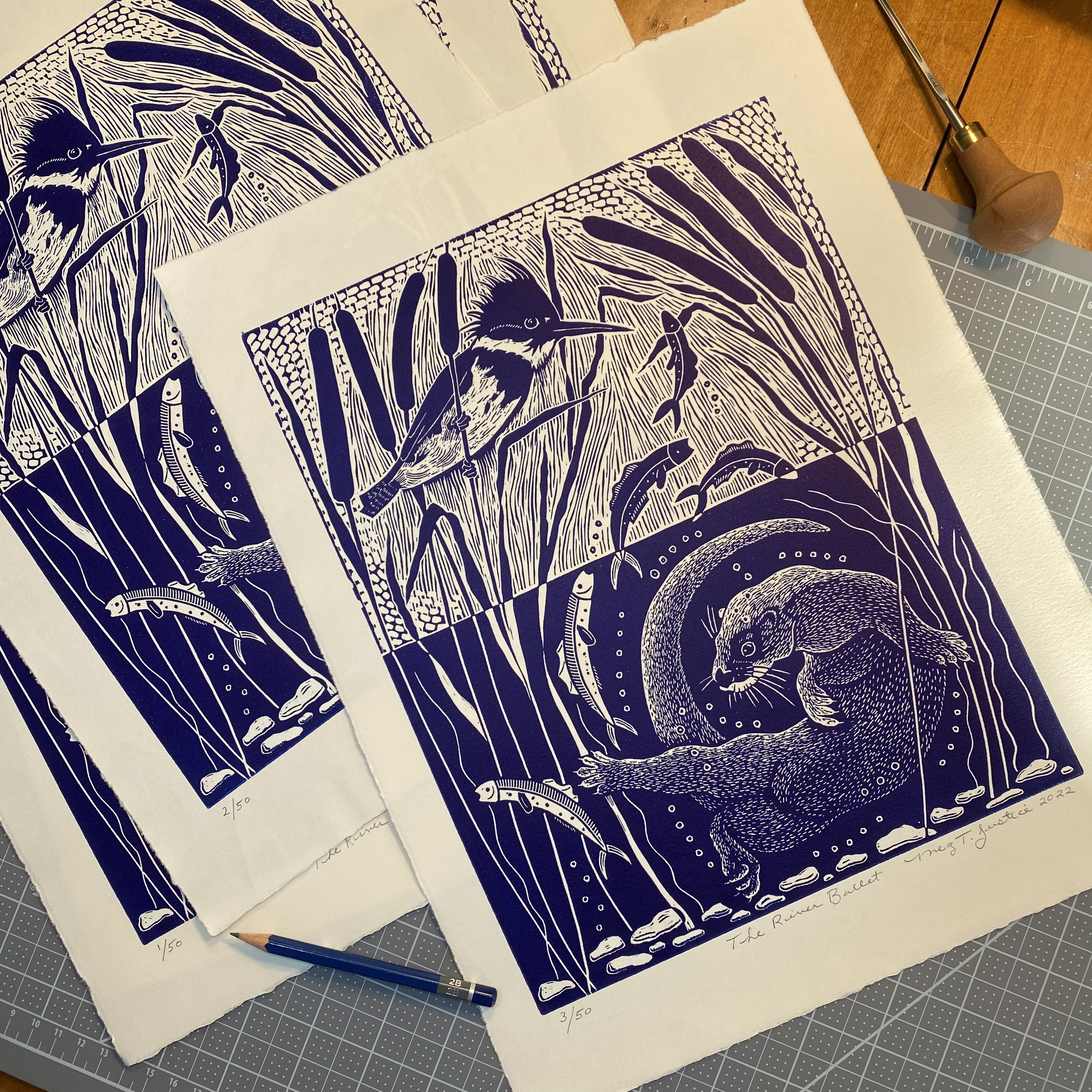 The River Ballet Linocut in Blue,otter Linocut,kingfisher Linocut