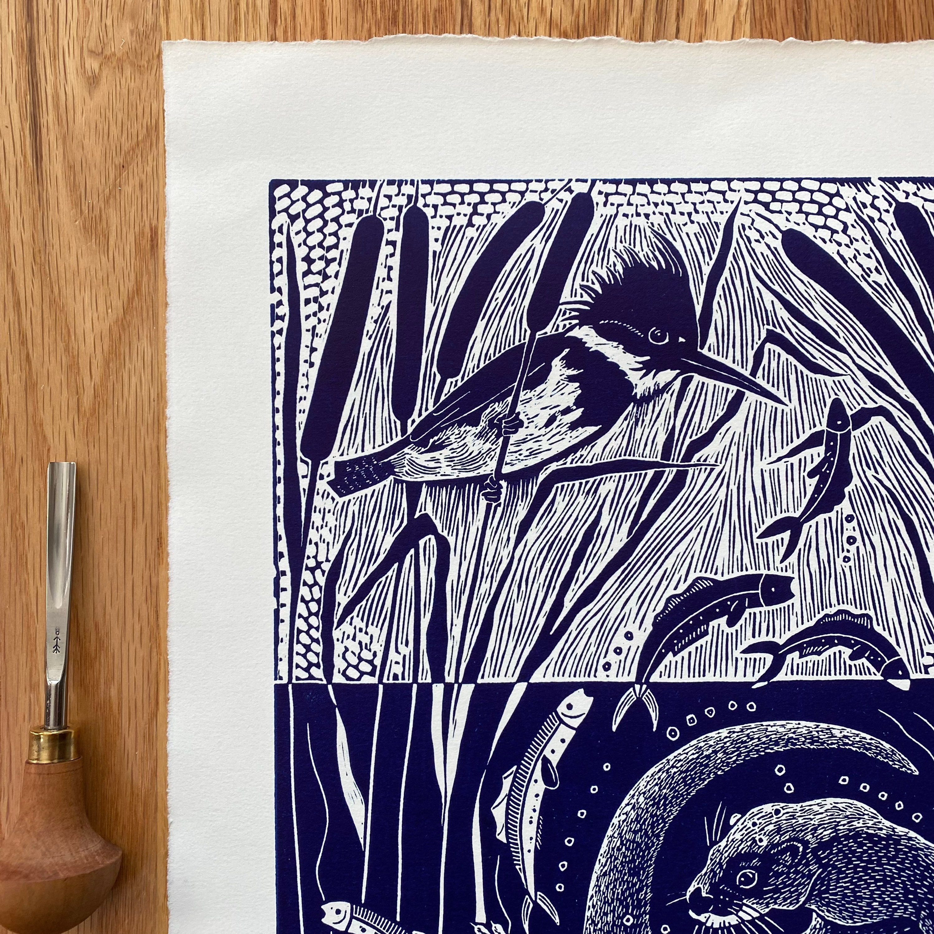 The River Ballet Linocut in Blue,otter Linocut,kingfisher Linocut