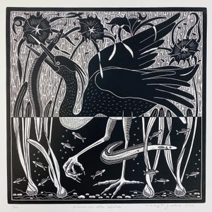 Heron in the lilies Linocut Print, Black and White Waterbird Art, heron blockprint,